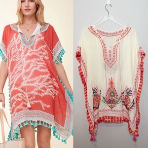 Spartina 449 Pink Orange Tassel Embroidered Beach Caftan One Size